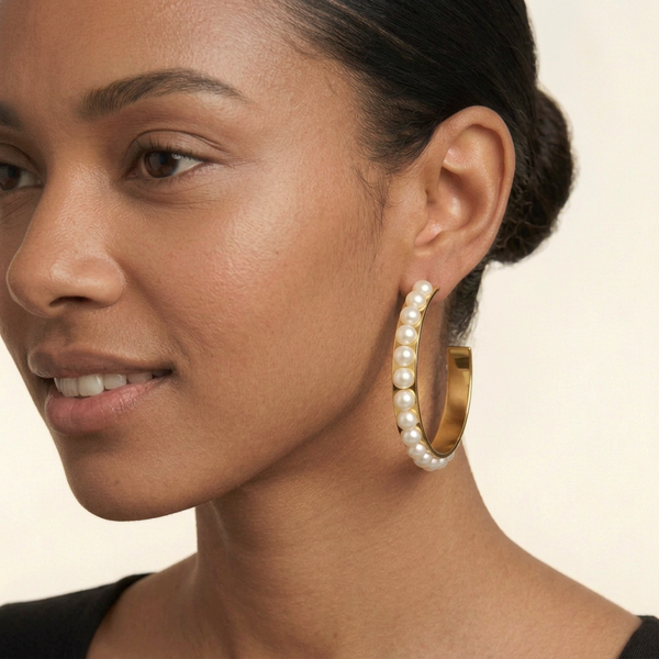 Close-up of pearl and gold hoop details on the same model