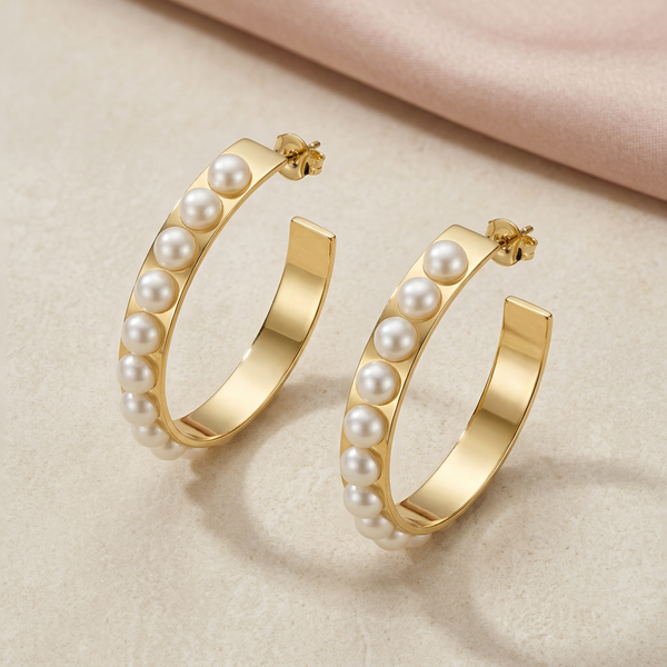 Pearl gold hoop earrings arranged on ivory with blush silk