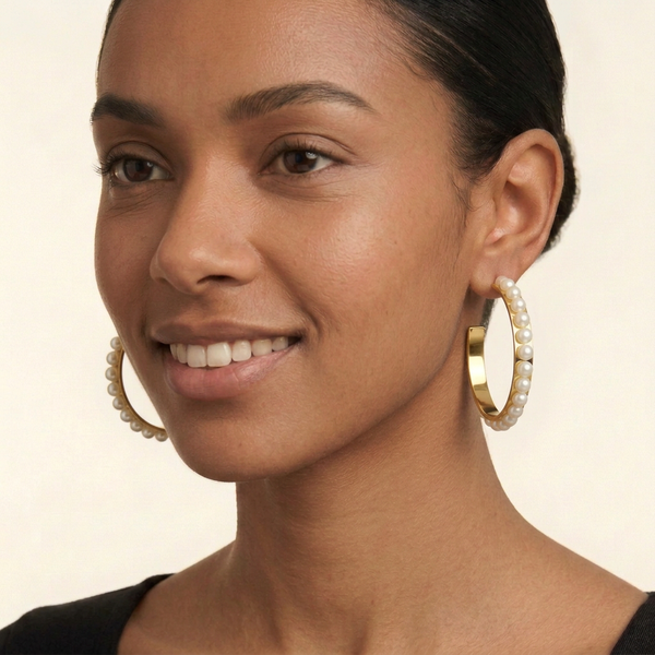 Three-quarter portrait wearing Clutch The Pearls gold hoop earrings