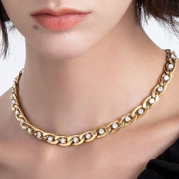 Pretty Bi$h Chain Link Crystal Choker Necklace (Gold)