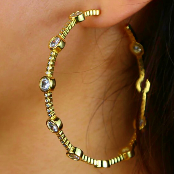 Large Crystal Hoop Earrings Gold